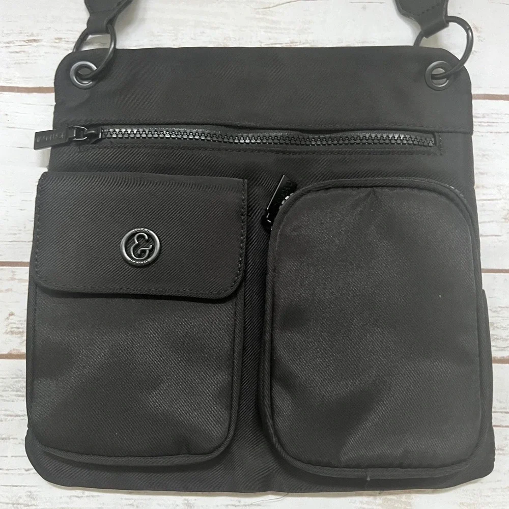 Joan & David Crossbody Bag Black Nylon Multi Pocket Adjustable Strap OS